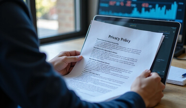 A person reviewing privacy policy documents on a laptop, emphasizing data protection and digital security.